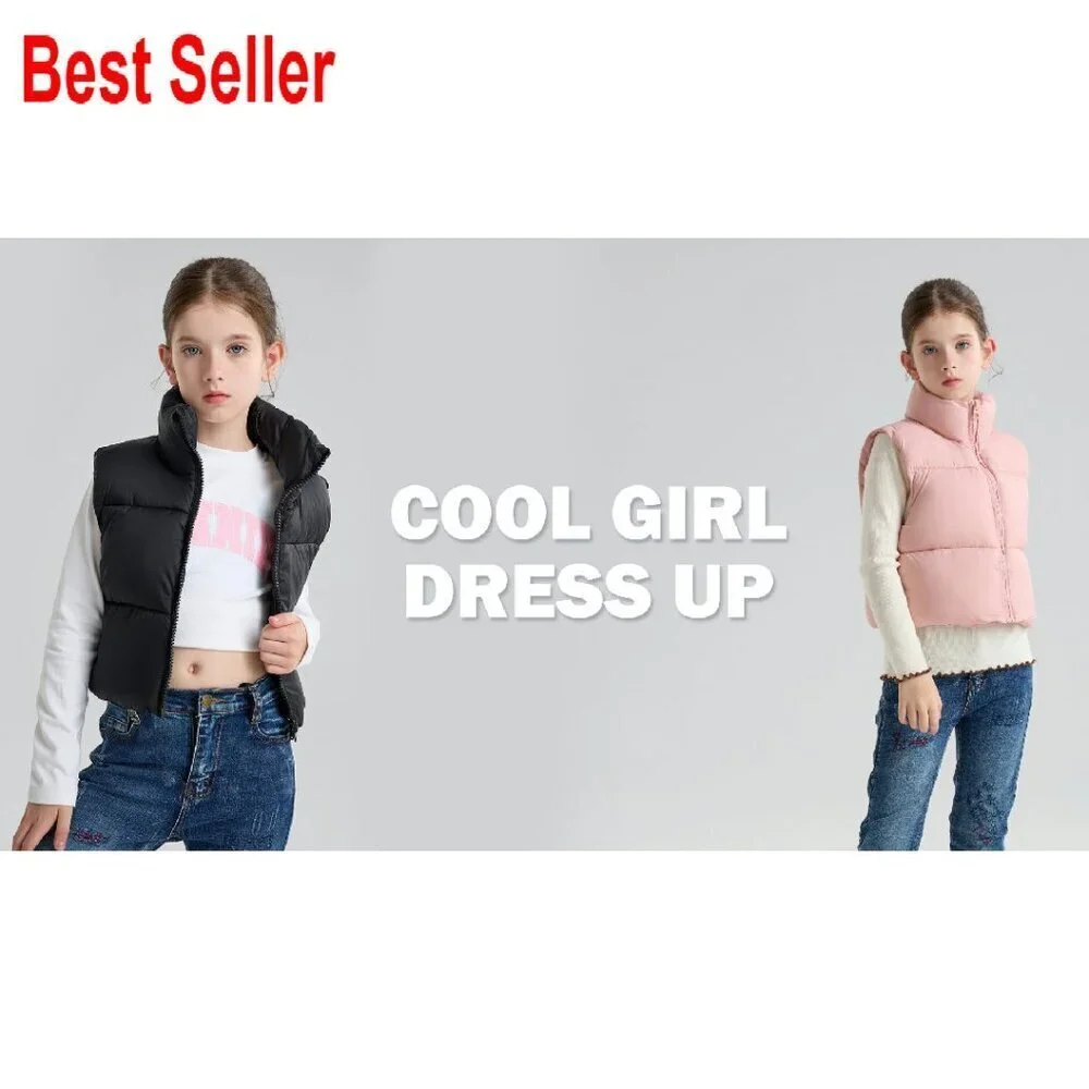 Girls Winter Puffer Vest Lightweight Water-Resistant Cropped Chic Style